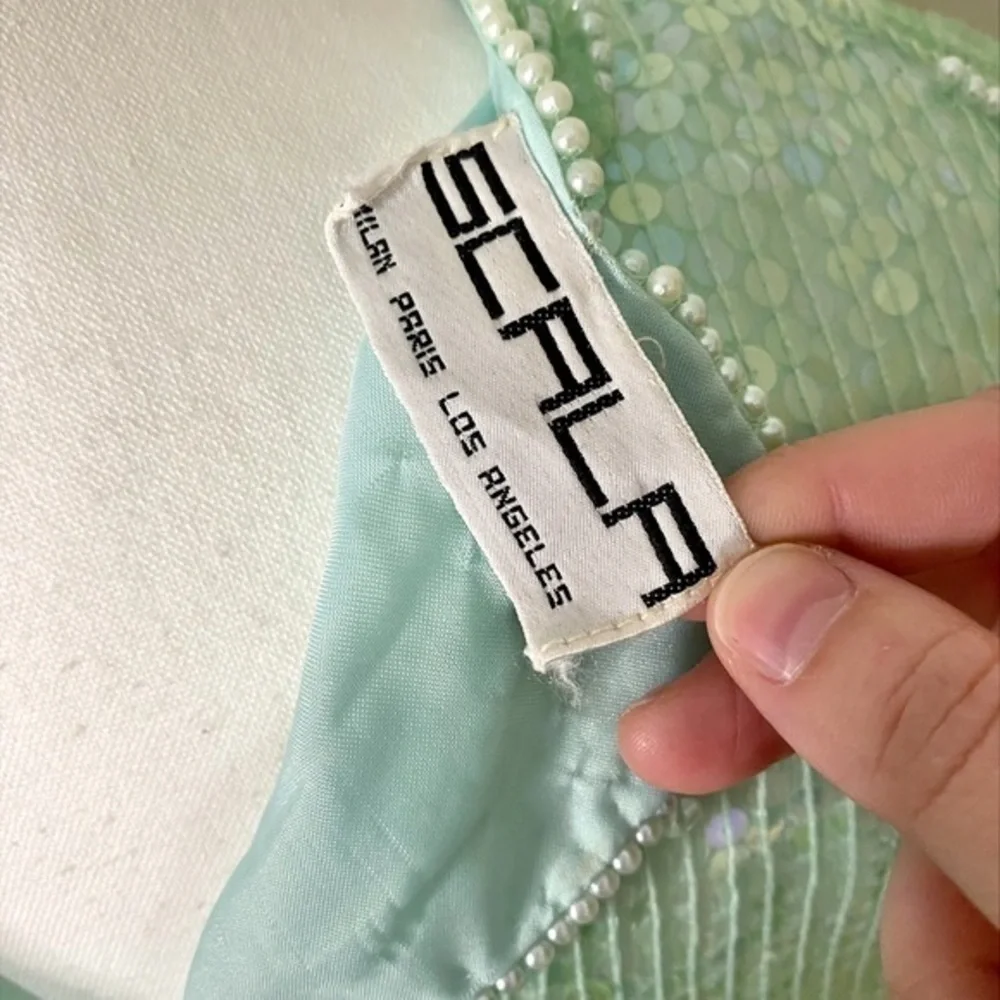 Scala Vintage Fully Sequined Mint Green Short Sleeve Top with Pearl‎ Accents - Picture 7 of 13